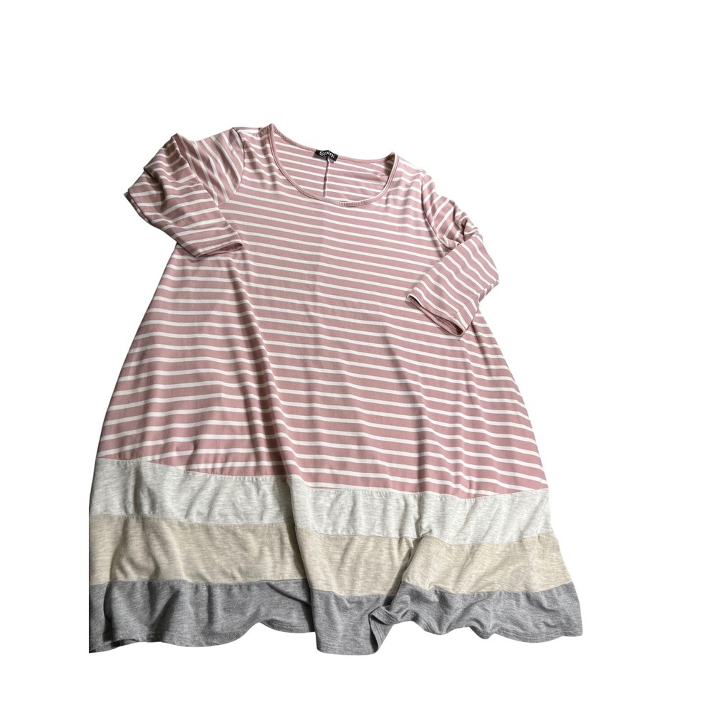 Spin USA 1X Pink Stripe Swing Dress Plus Size Colorblock Hem Casual Tunic‎